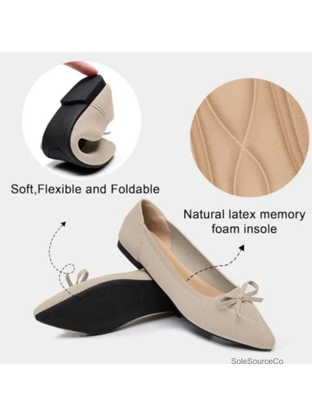 Women's Pointed Toe Bow Knit Ballet Flats, Lightweight Mesh Slip On Dressy Work